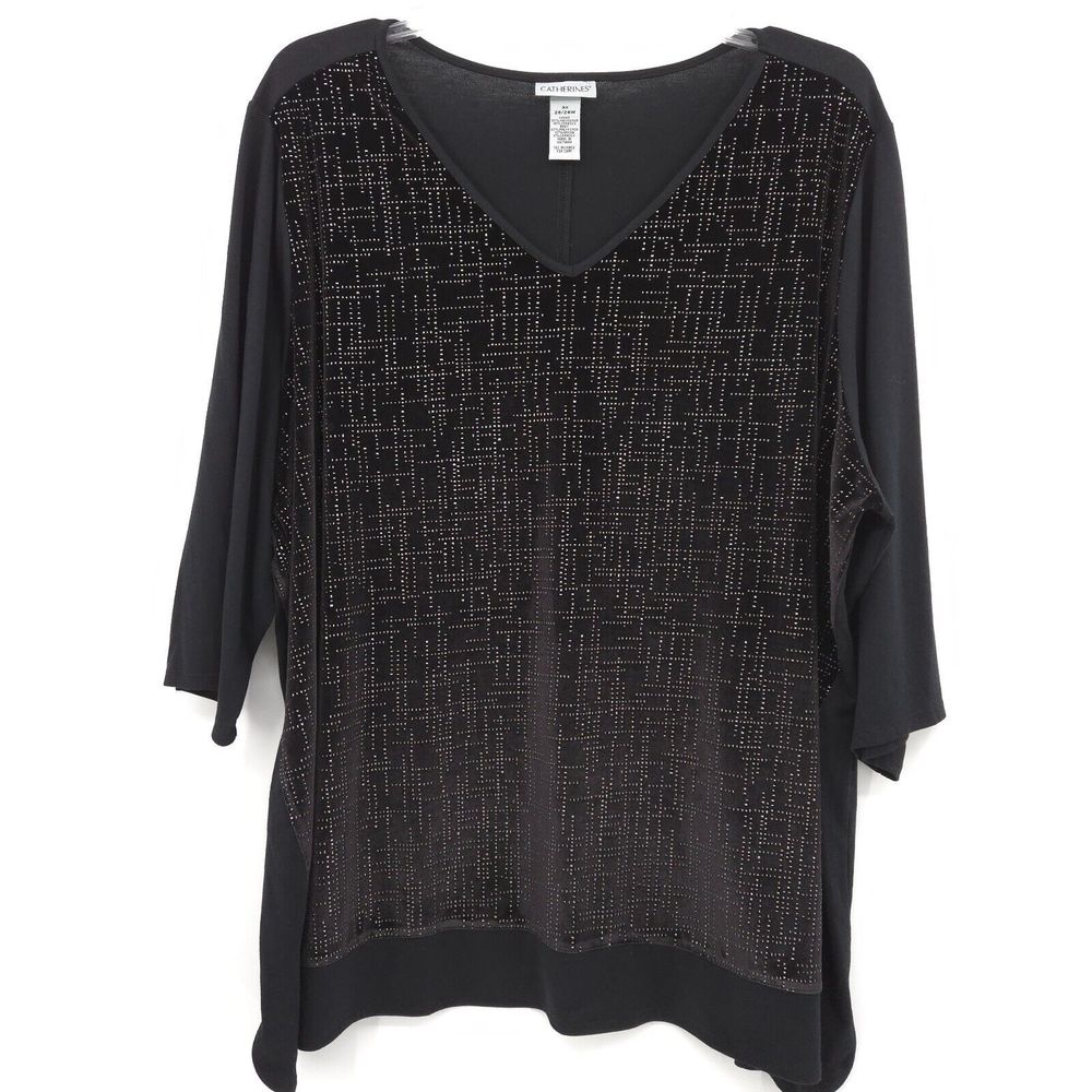 Catherines velvet metallic bling knit tunic top womens Size 3X v-neck 3/4 sleeve